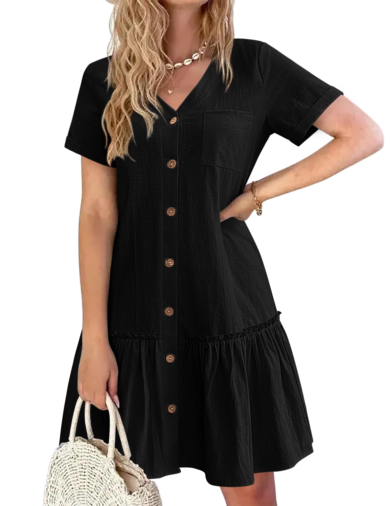 Robe Midi Femme en lin, col V, coupe fluide – Menvelo