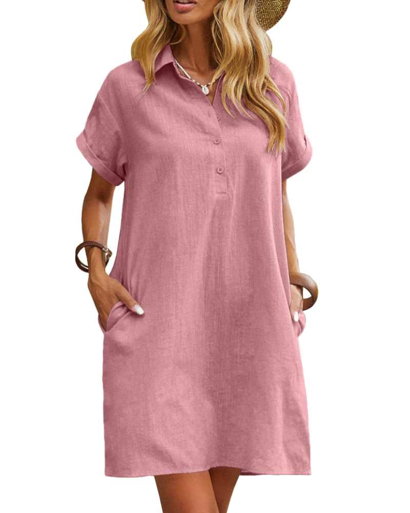 Robe Chemise Femme Mi-Longue – Col V Boutonnée Tissu Léger avec Poches