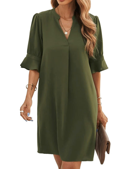 Bibiana Robe Femme – Col V Manches Courtes, Coupe Droite Mini Fluide Uni Été