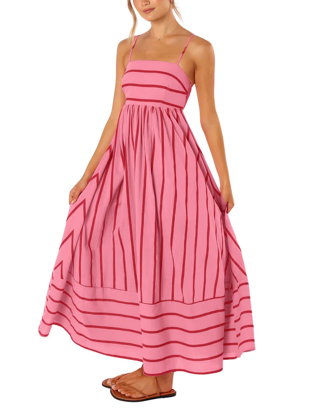 Reina Robe Maxi Femme – Col Carré Bretelles Fines Rayures, Coupe A-Line & Dos Smocké avec Poches