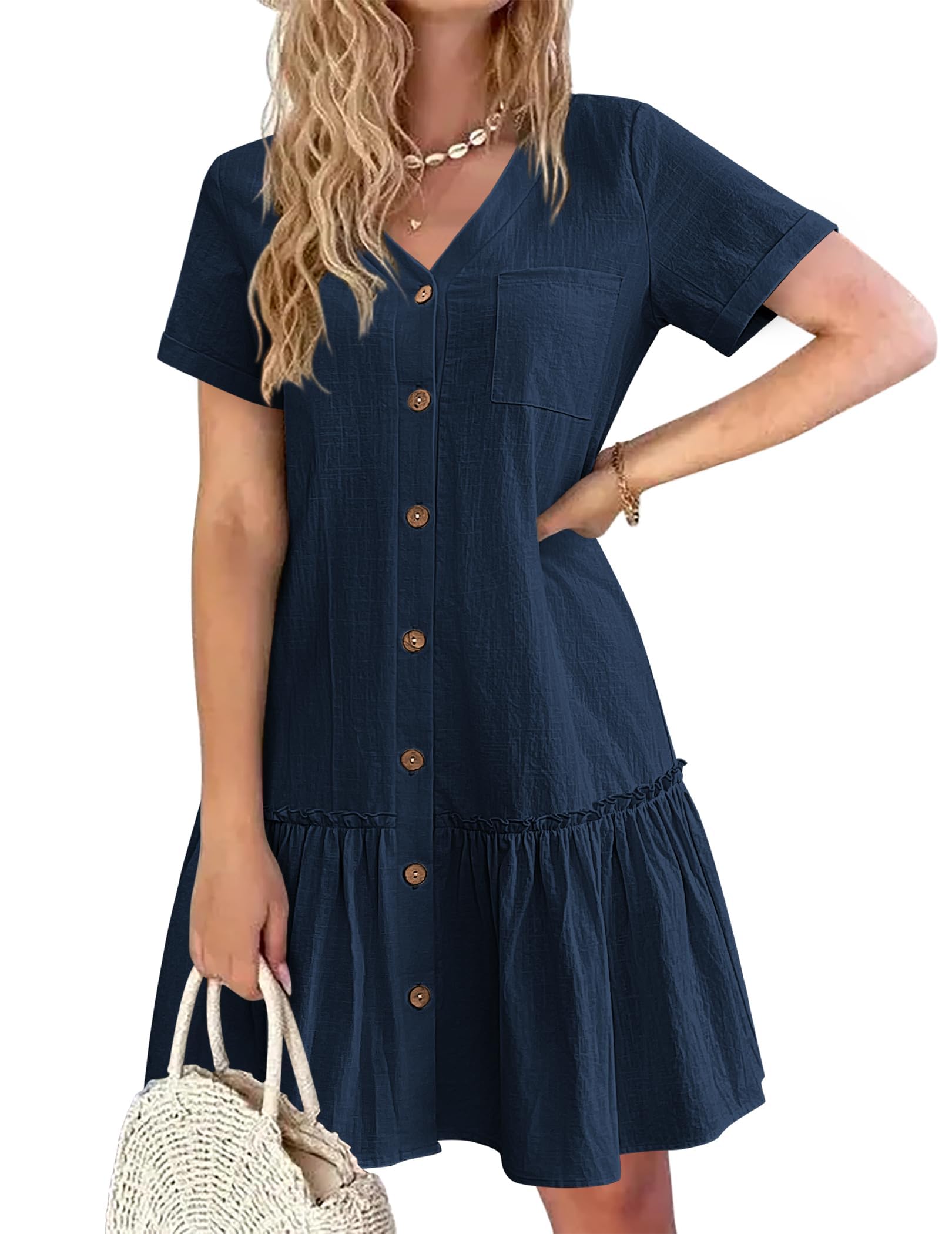 Robe Midi Femme en lin, col V, coupe fluide – Menvelo