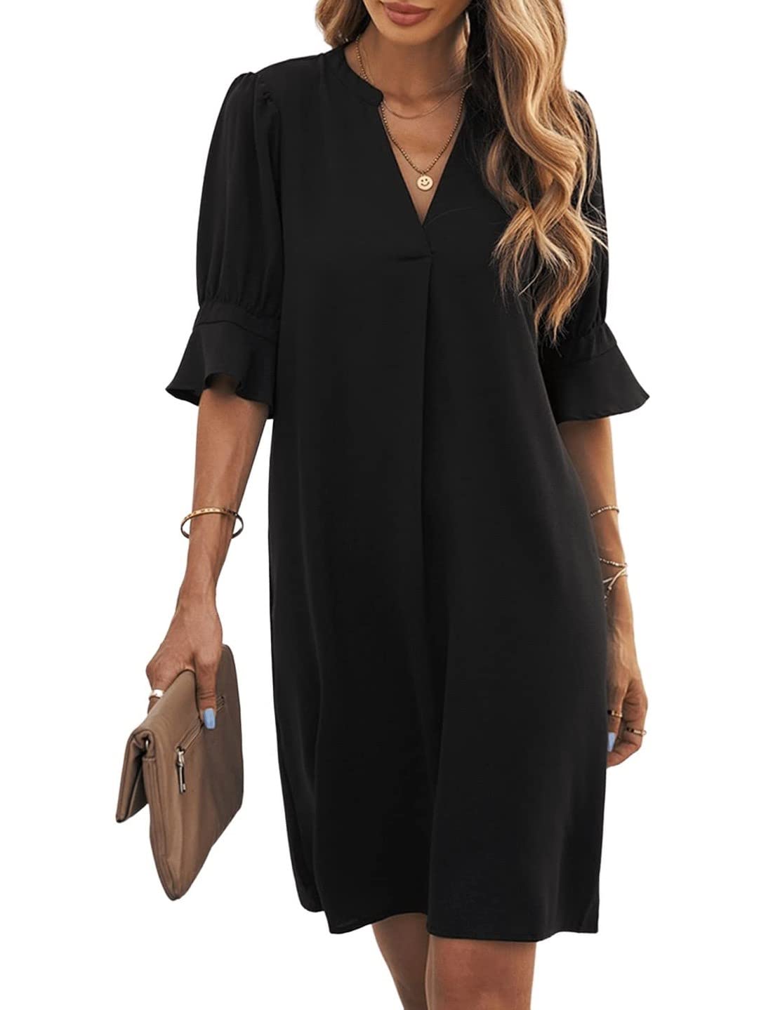 Bibiana Robe Femme – Col V Manches Courtes, Coupe Droite Mini Fluide Uni Été