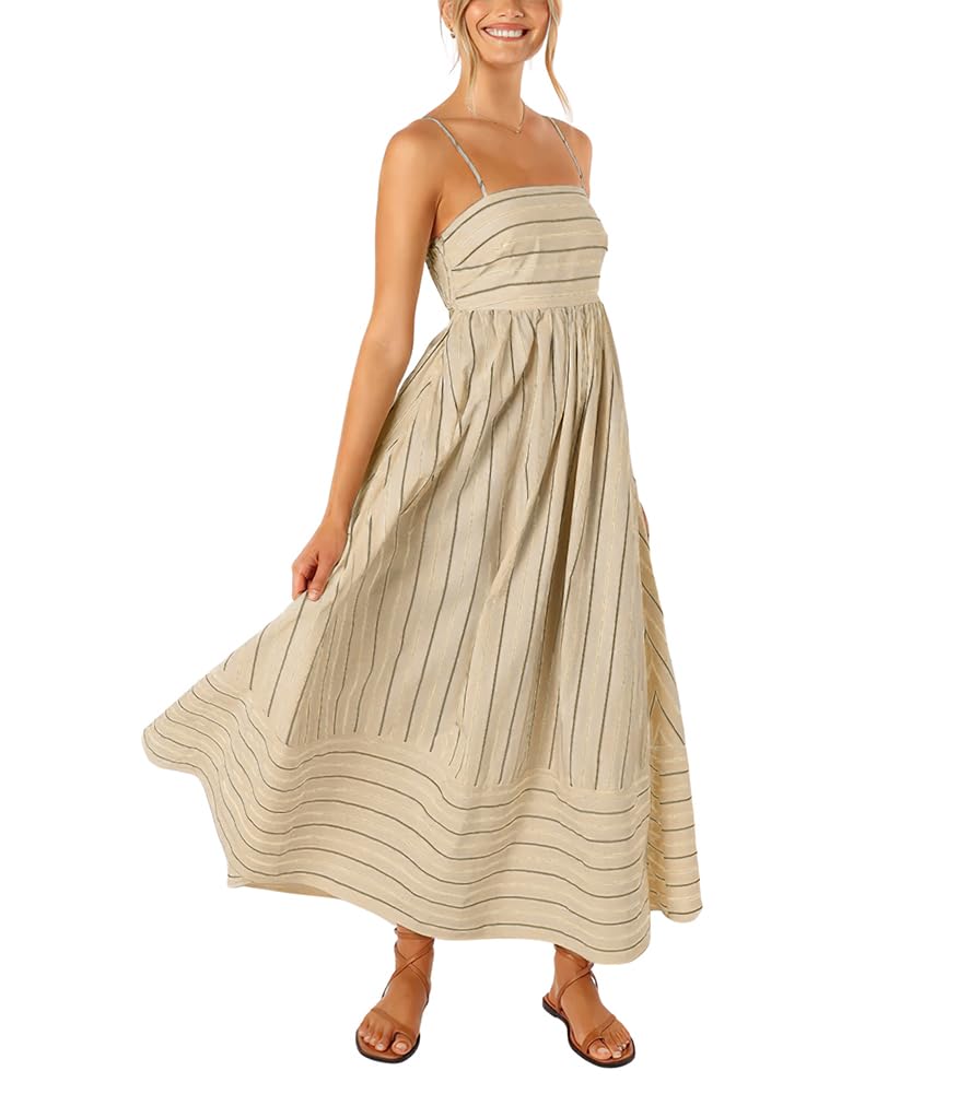 Reina Robe Maxi Femme – Col Carré Bretelles Fines Rayures, Coupe A-Line & Dos Smocké avec Poches