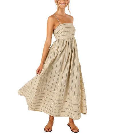 Reina Robe Maxi Femme – Col Carré Bretelles Fines Rayures, Coupe A-Line & Dos Smocké avec Poches