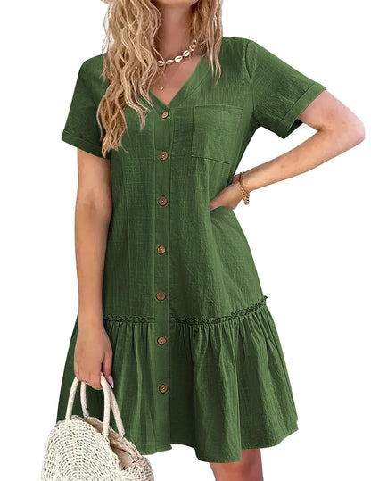 Robe Midi Femme en lin, col V, coupe fluide – Menvelo