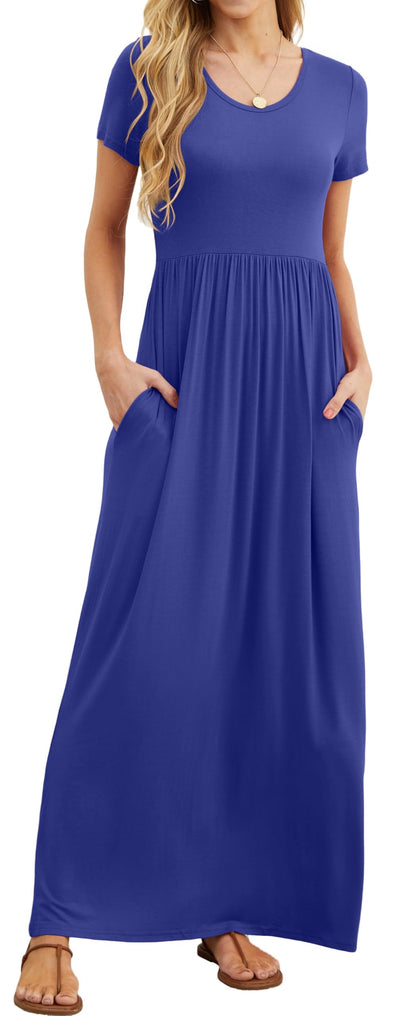 Bridget Robe Maxi Femme – Col Rond Uni, Coupe Fluide & Taille Haute avec Poches Été