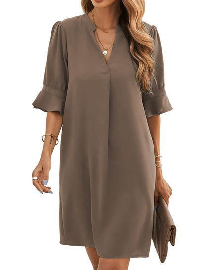 Bibiana Robe Femme – Col V Manches Courtes, Coupe Droite Mini Fluide Uni Été