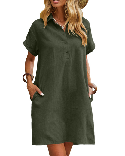 Robe Chemise Femme Mi-Longue – Col V Boutonnée Tissu Léger avec Poches