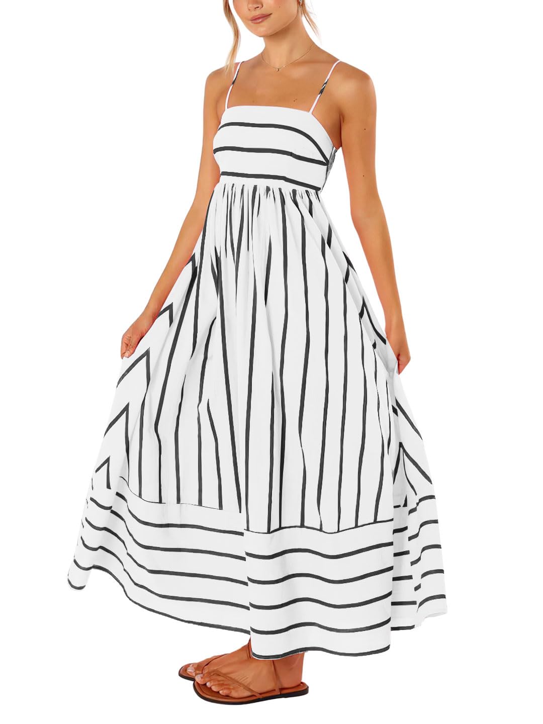 Reina Robe Maxi Femme – Col Carré Bretelles Fines Rayures, Coupe A-Line & Dos Smocké avec Poches