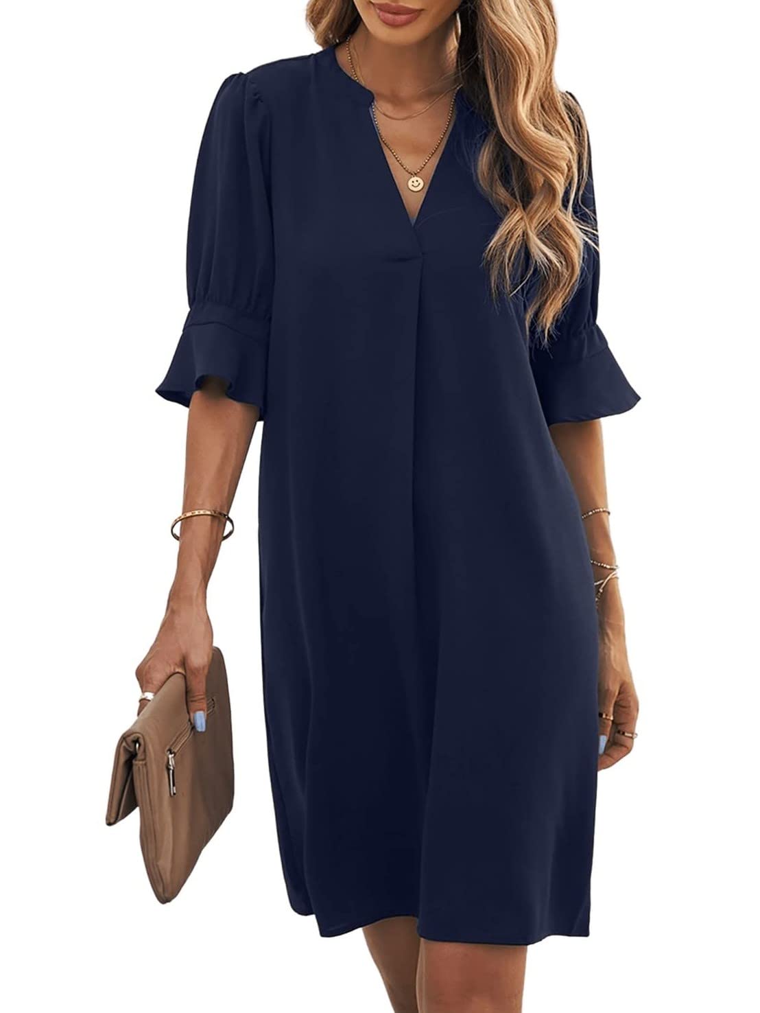 Bibiana Robe Femme – Col V Manches Courtes, Coupe Droite Mini Fluide Uni Été