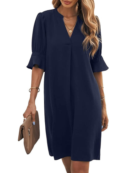 Bibiana Robe Femme – Col V Manches Courtes, Coupe Droite Mini Fluide Uni Été