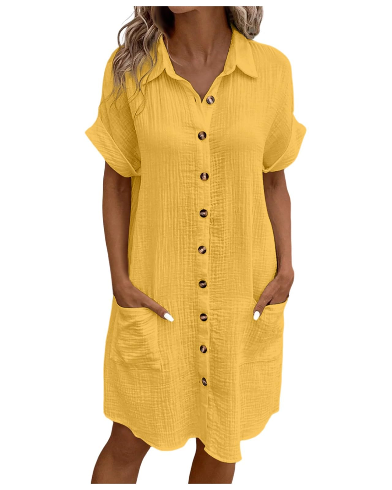Yvette Robe Femme – Robe Chemise Col V Boutonnée avec Poches Coupe Fluide Bohème Chic