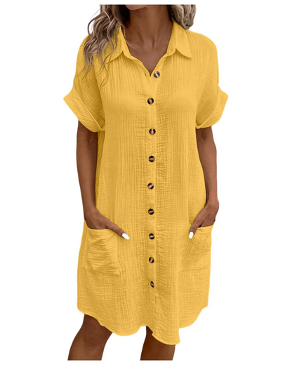 Yvette Robe Femme – Robe Chemise Col V Boutonnée avec Poches Coupe Fluide Bohème Chic