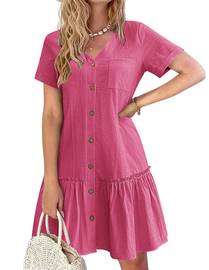 Robe Midi Femme en lin, col V, coupe fluide – Menvelo