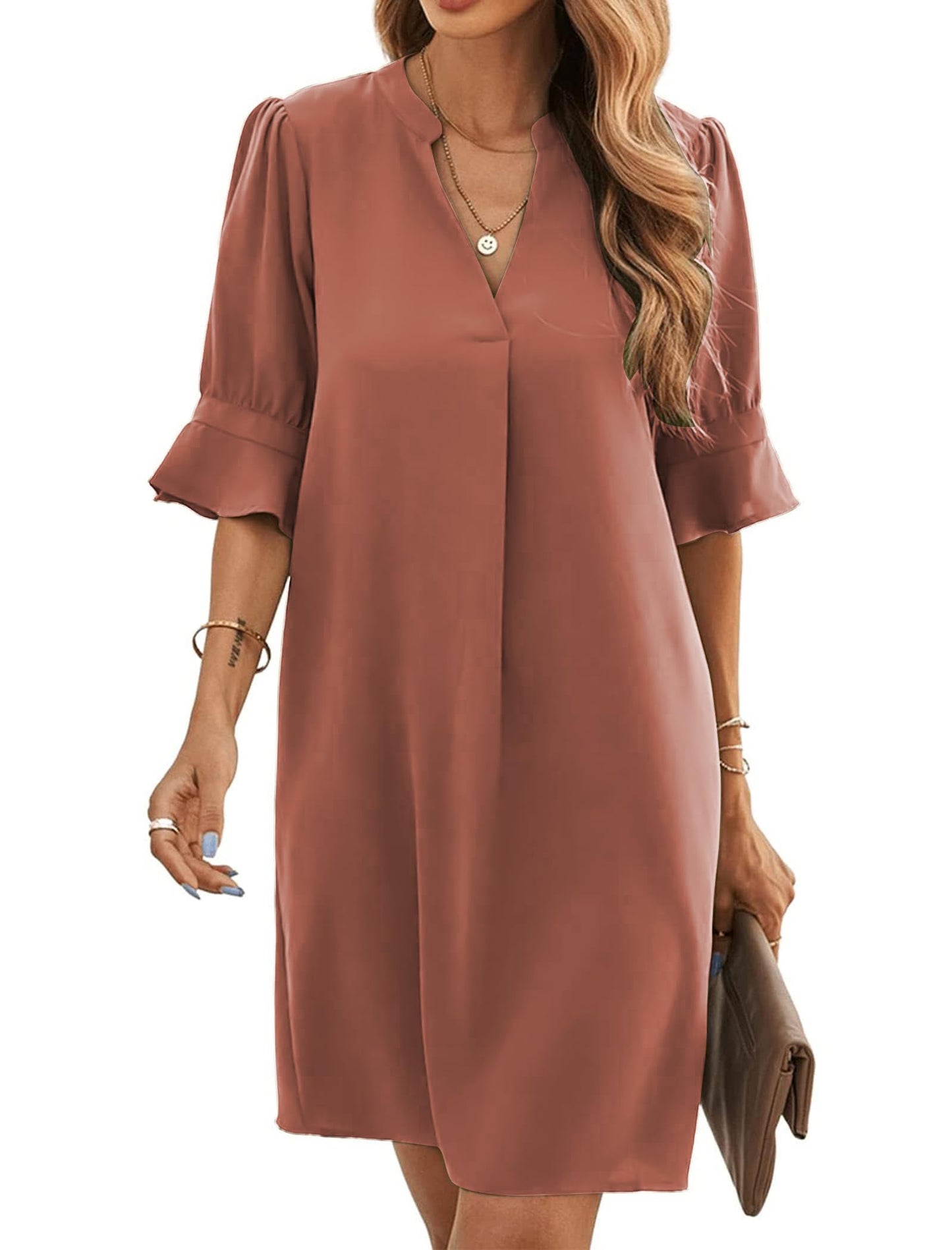 Bibiana Robe Femme – Col V Manches Courtes, Coupe Droite Mini Fluide Uni Été