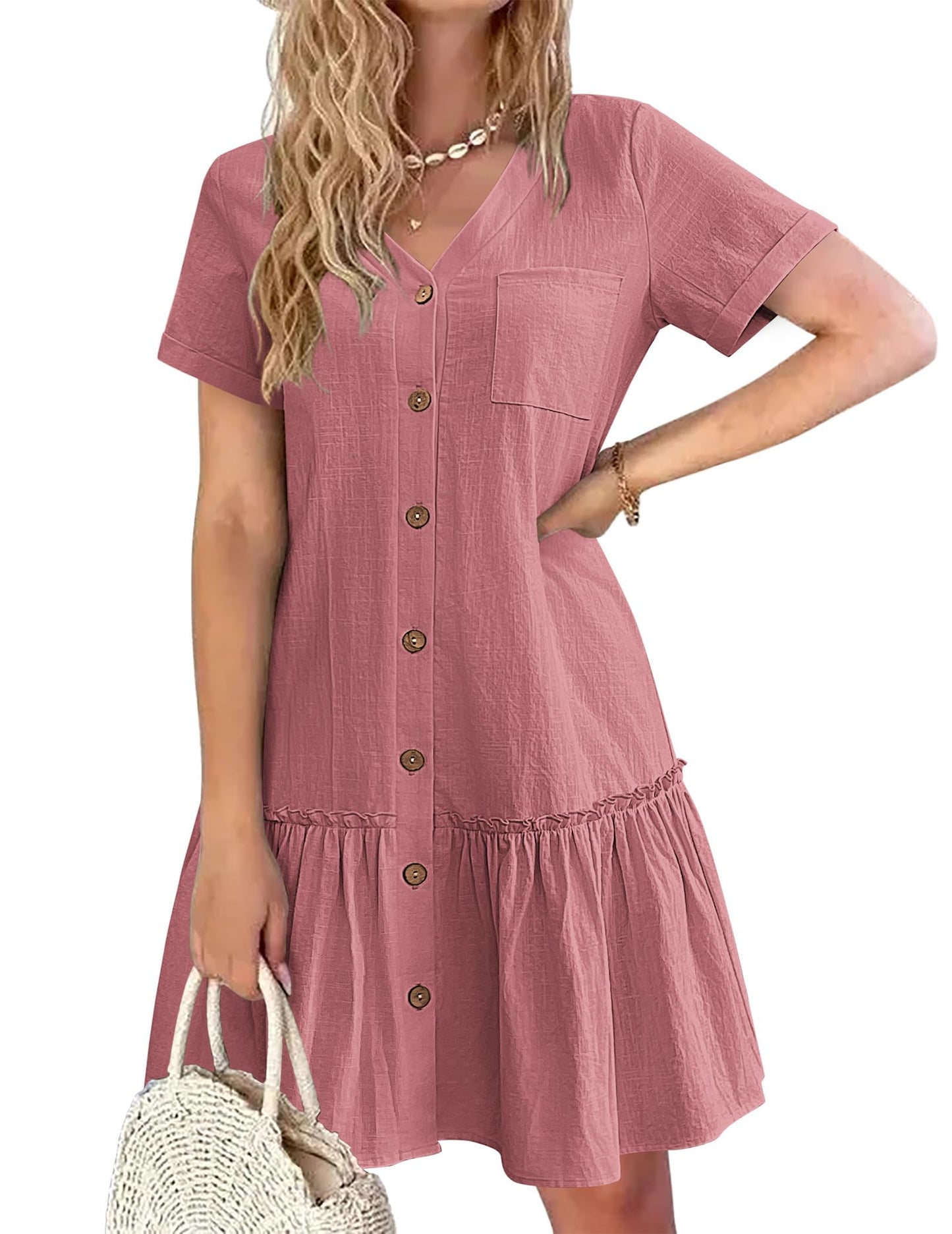 Robe Midi Femme en lin, col V, coupe fluide – Menvelo