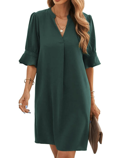 Bibiana Robe Femme – Col V Manches Courtes, Coupe Droite Mini Fluide Uni Été