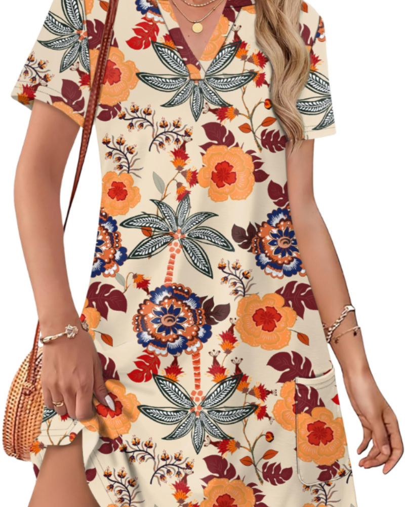Sherry Robe Femme Été – Robe Midi Col V Élégante, Coupe Fluide Bohème pour Vacances & Mariage