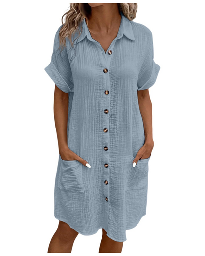 Yvette Robe Femme – Robe Chemise Col V Boutonnée avec Poches Coupe Fluide Bohème Chic