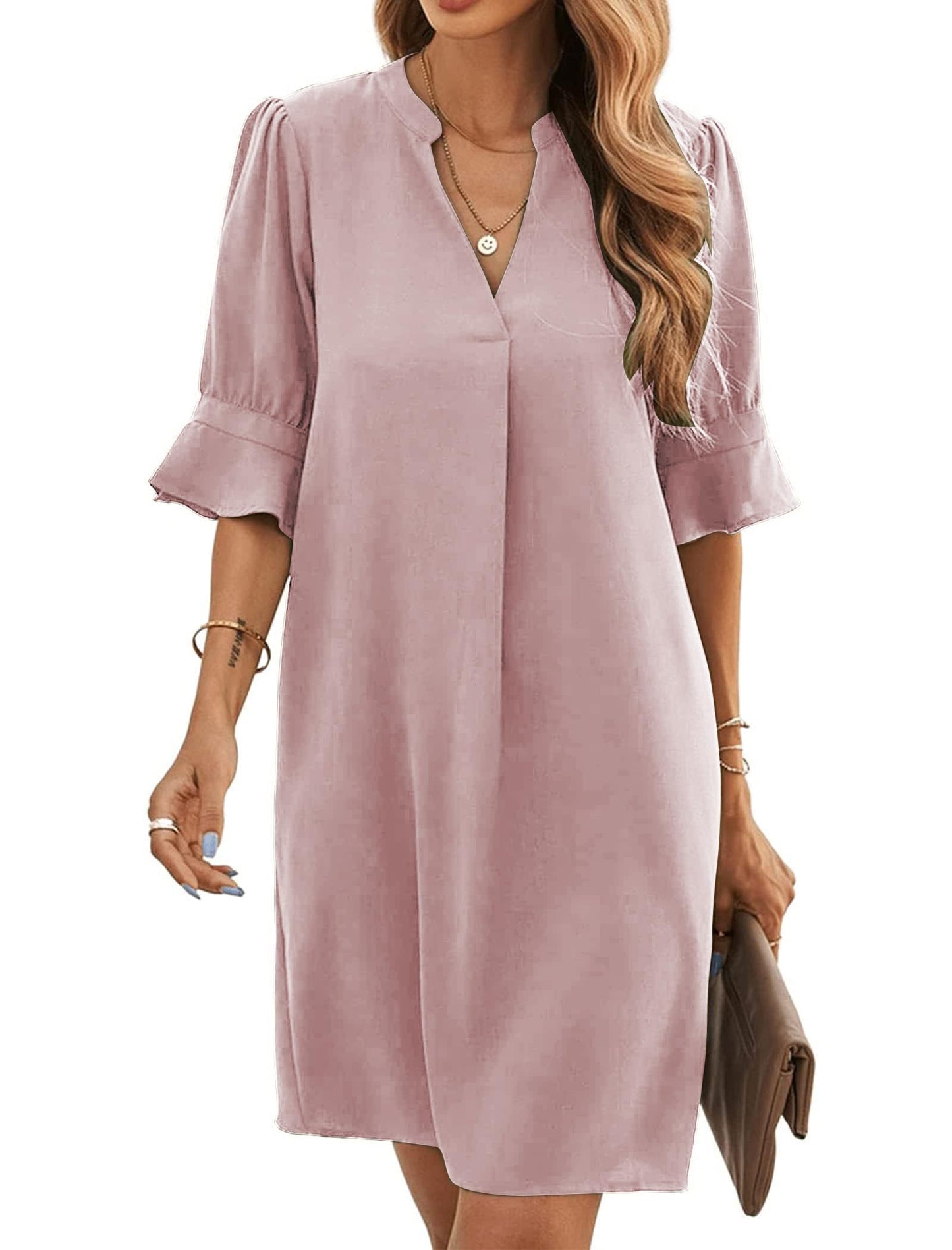 Bibiana Robe Femme – Col V Manches Courtes, Coupe Droite Mini Fluide Uni Été