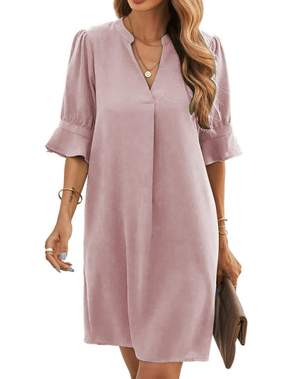 Bibiana Robe Femme – Col V Manches Courtes, Coupe Droite Mini Fluide Uni Été