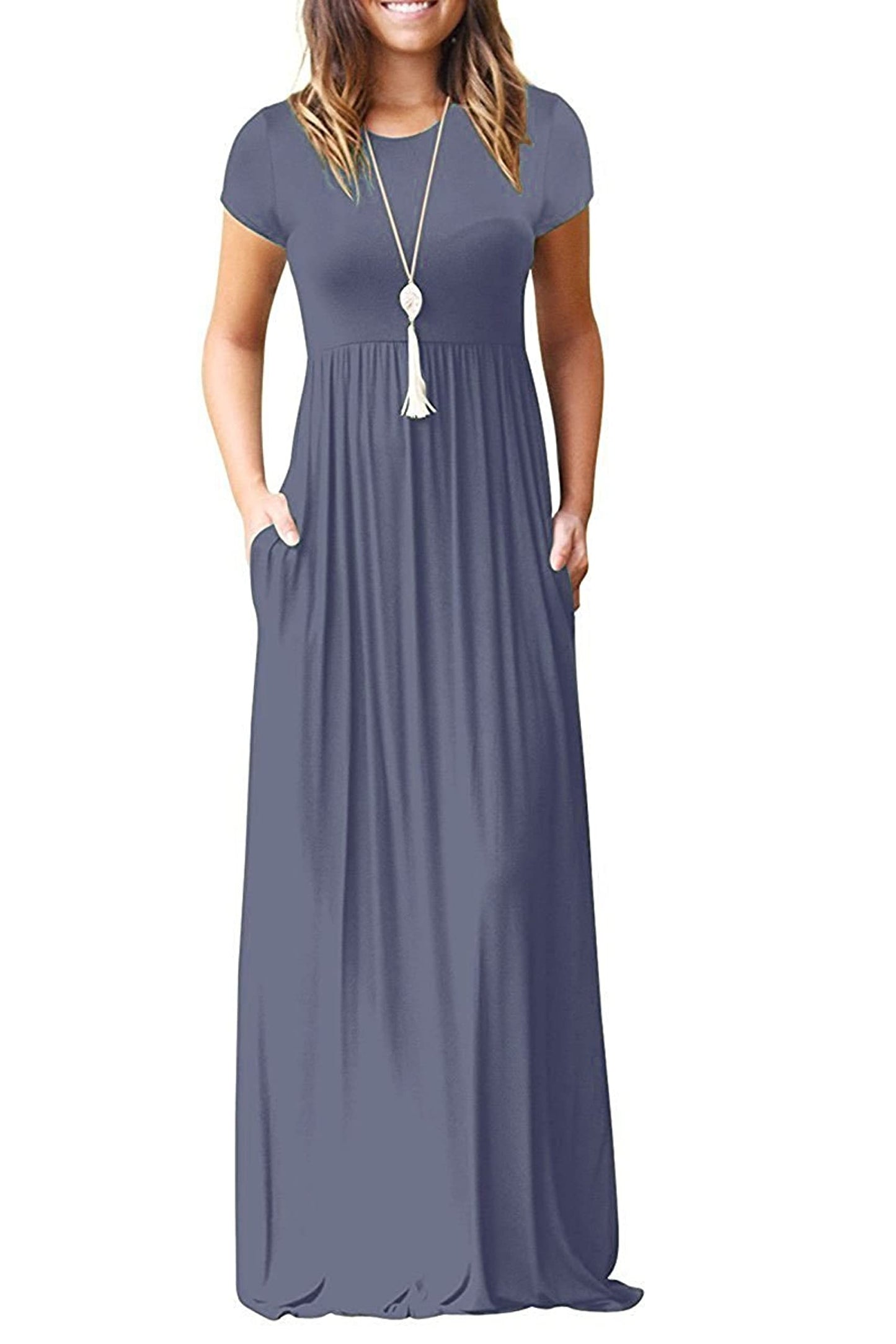 Bridget Robe Maxi Femme – Col Rond Uni, Coupe Fluide & Taille Haute avec Poches Été