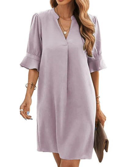 Bibiana Robe Femme – Col V Manches Courtes, Coupe Droite Mini Fluide Uni Été