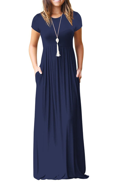 Bridget Robe Maxi Femme – Col Rond Uni, Coupe Fluide & Taille Haute avec Poches Été