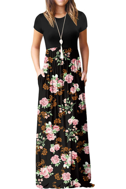 Bridget Robe Maxi Femme – Col Rond Uni, Coupe Fluide & Taille Haute avec Poches Été