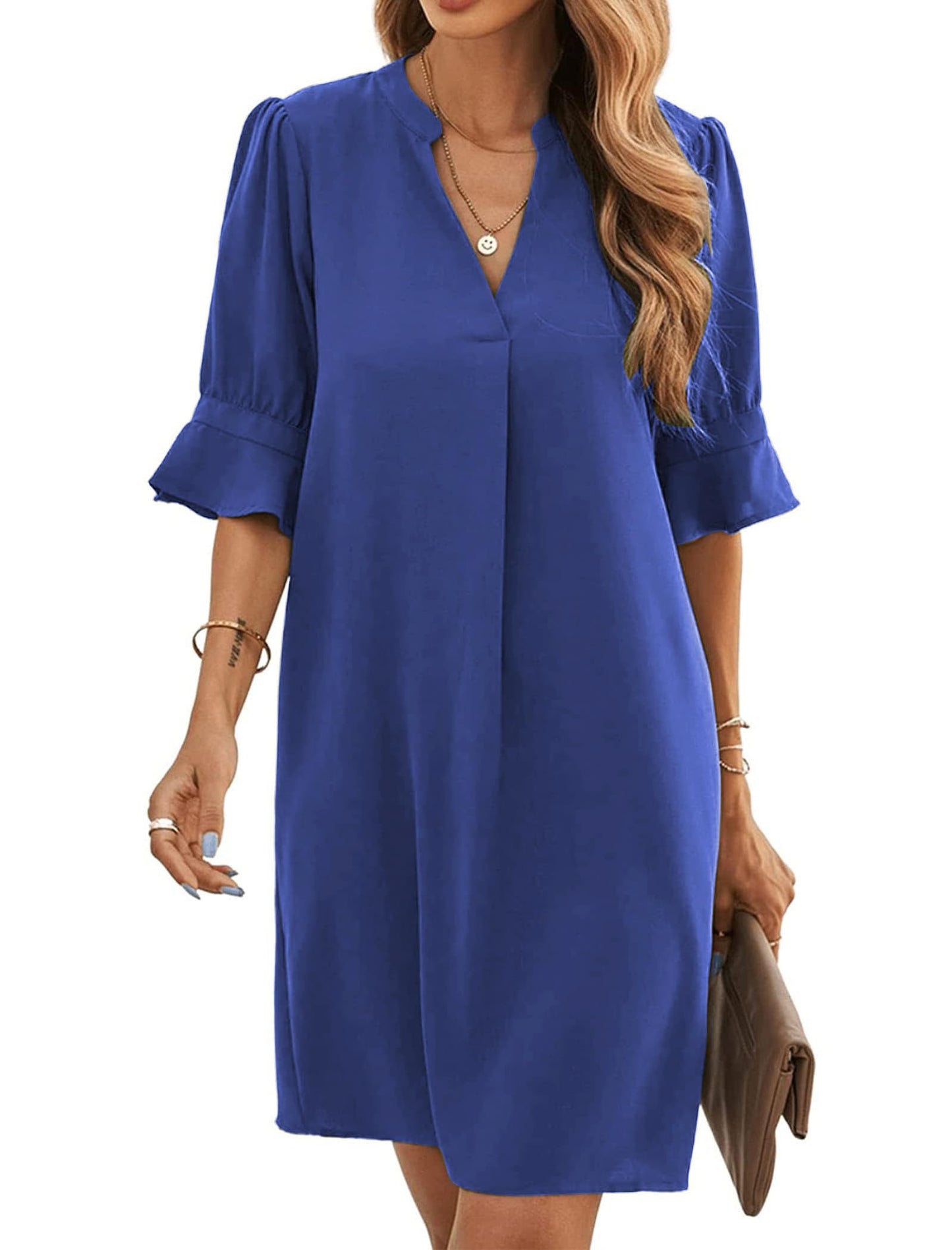 Bibiana Robe Femme – Col V Manches Courtes, Coupe Droite Mini Fluide Uni Été
