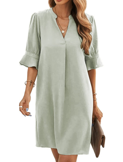 Bibiana Robe Femme – Col V Manches Courtes, Coupe Droite Mini Fluide Uni Été
