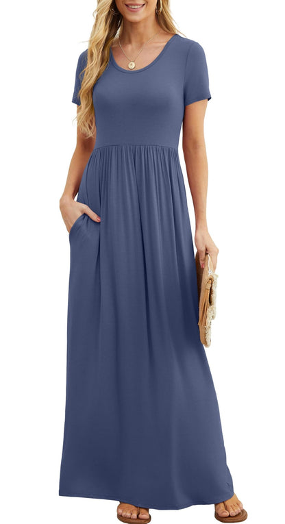 Bridget Robe Maxi Femme – Col Rond Uni, Coupe Fluide & Taille Haute avec Poches Été