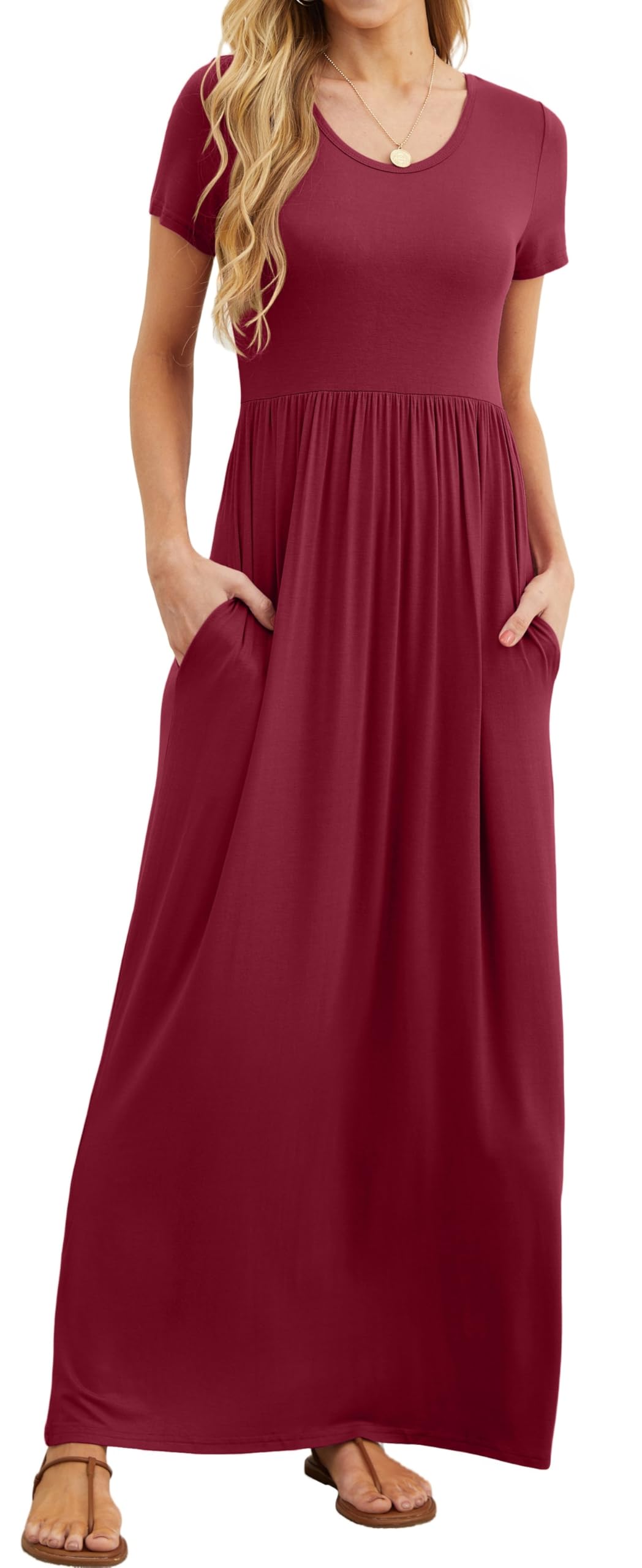 Bridget Robe Maxi Femme – Col Rond Uni, Coupe Fluide & Taille Haute avec Poches Été