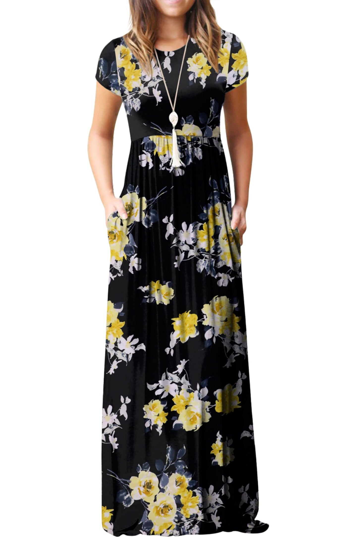 Bridget Robe Maxi Femme – Col Rond Uni, Coupe Fluide & Taille Haute avec Poches Été