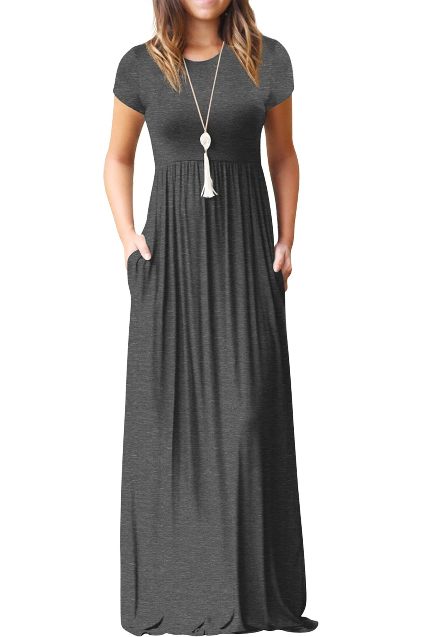 Bridget Robe Maxi Femme – Col Rond Uni, Coupe Fluide & Taille Haute avec Poches Été