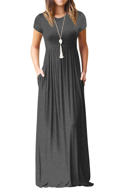 Bridget Robe Maxi Femme – Col Rond Uni, Coupe Fluide & Taille Haute avec Poches Été