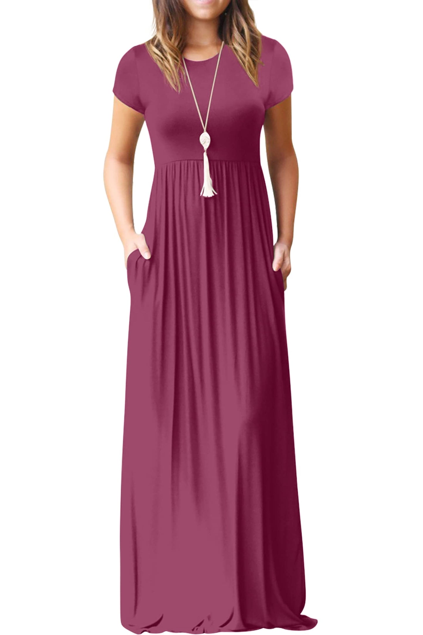 Bridget Robe Maxi Femme – Col Rond Uni, Coupe Fluide & Taille Haute avec Poches Été
