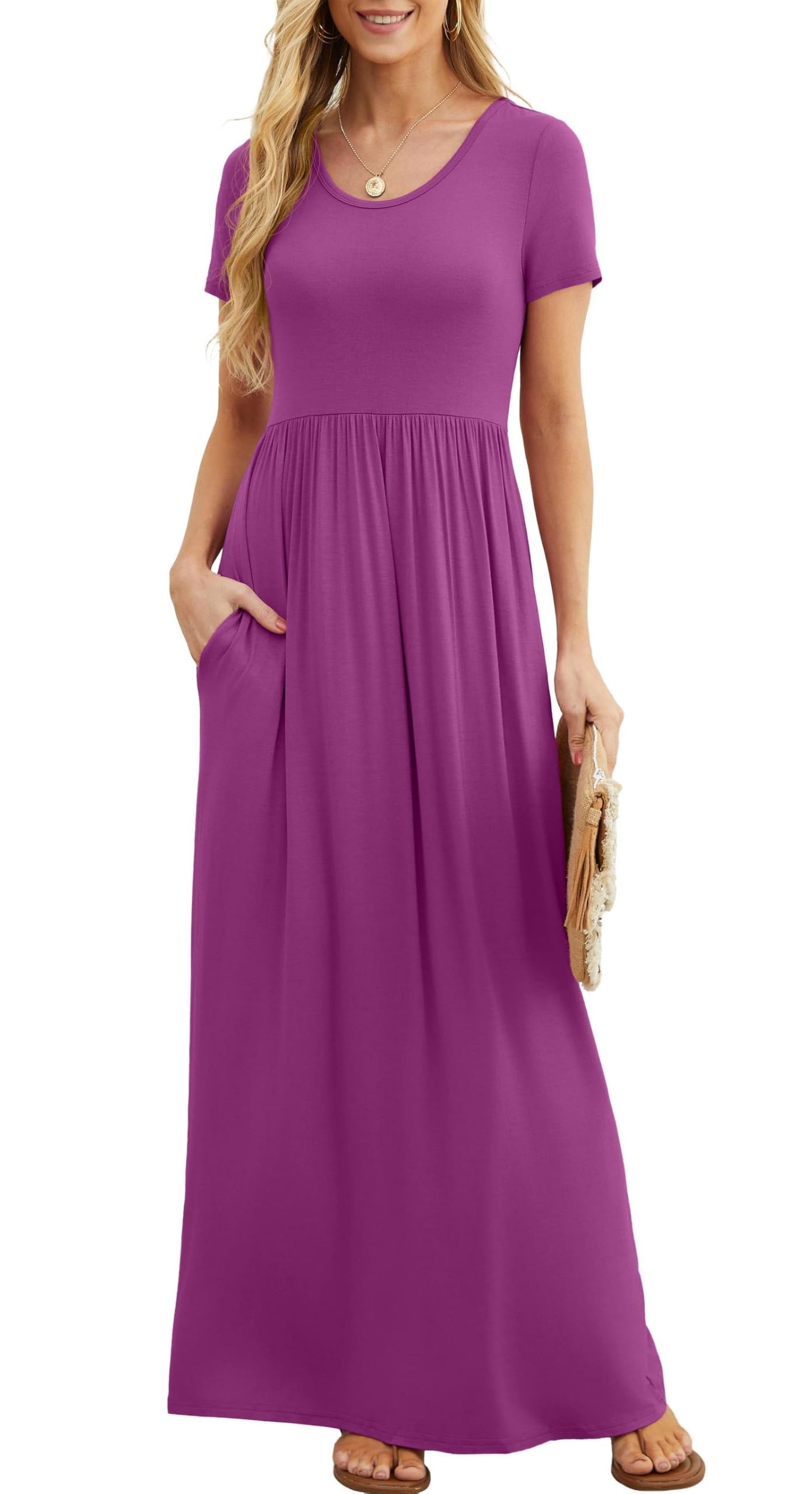 Bridget Robe Maxi Femme – Col Rond Uni, Coupe Fluide & Taille Haute avec Poches Été