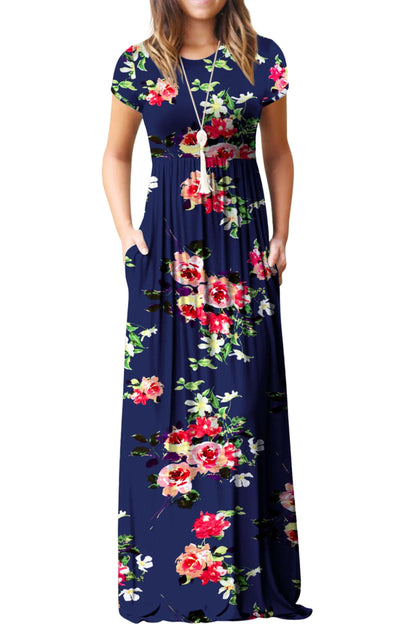 Bridget Robe Maxi Femme – Col Rond Uni, Coupe Fluide & Taille Haute avec Poches Été