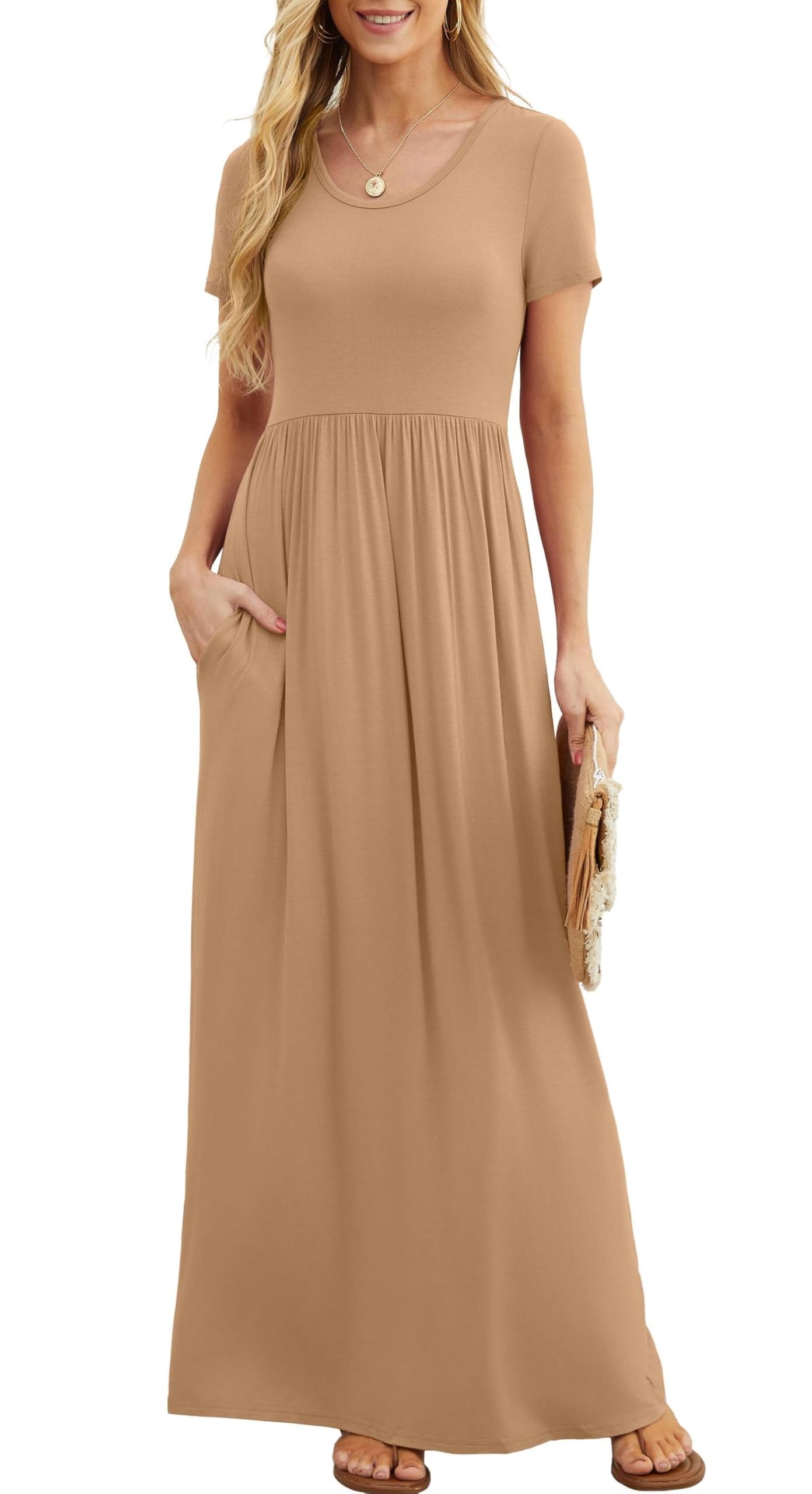 Bridget Robe Maxi Femme – Col Rond Uni, Coupe Fluide & Taille Haute avec Poches Été