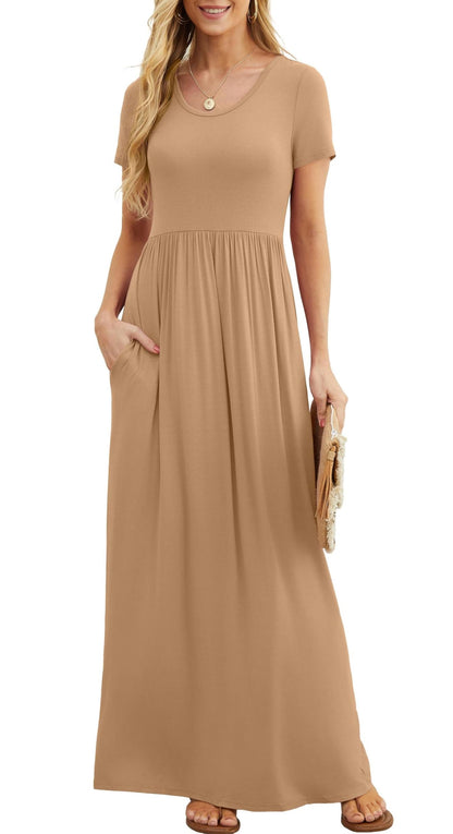 Bridget Robe Maxi Femme – Col Rond Uni, Coupe Fluide & Taille Haute avec Poches Été