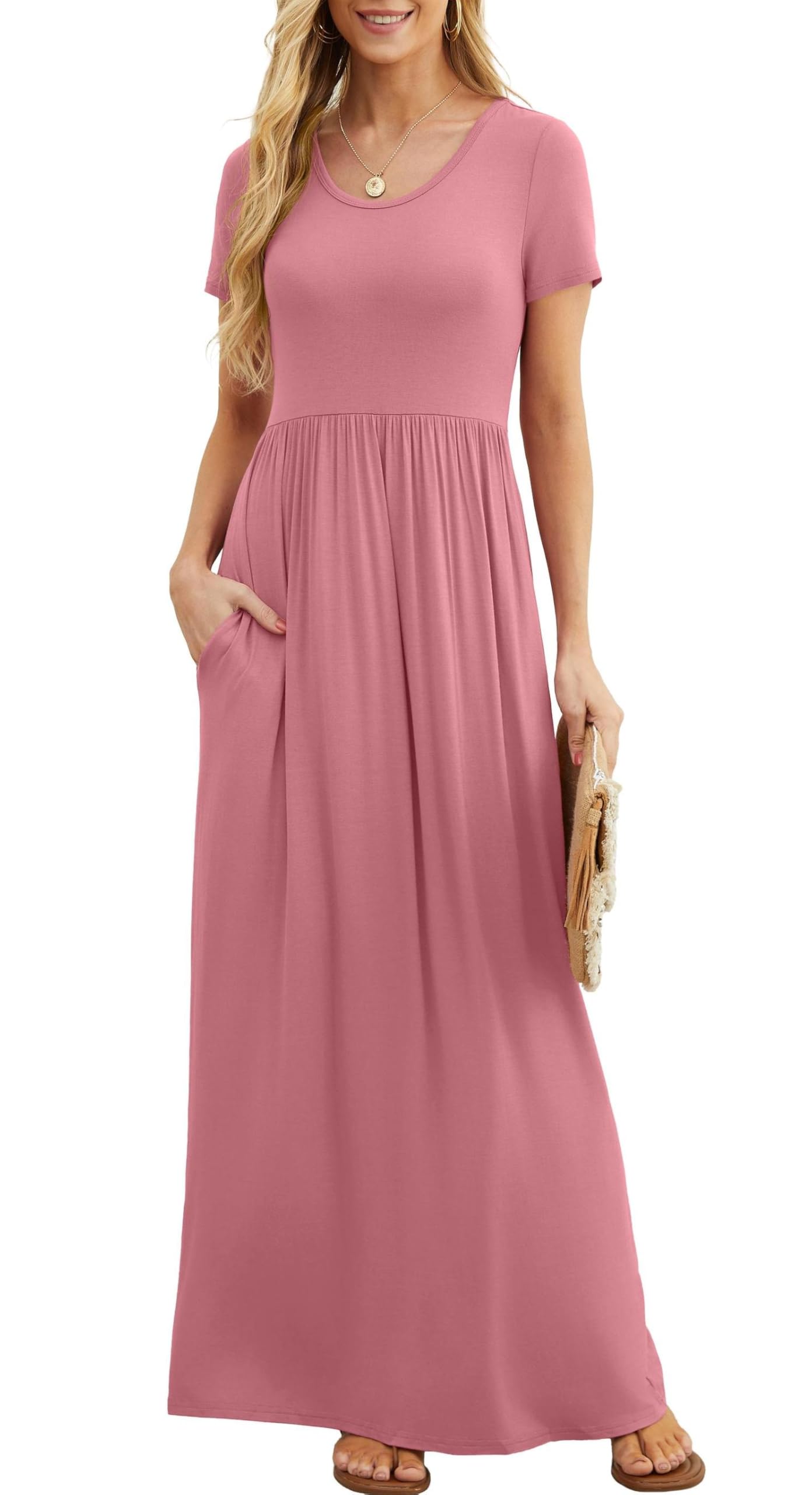 Bridget Robe Maxi Femme – Col Rond Uni, Coupe Fluide & Taille Haute avec Poches Été