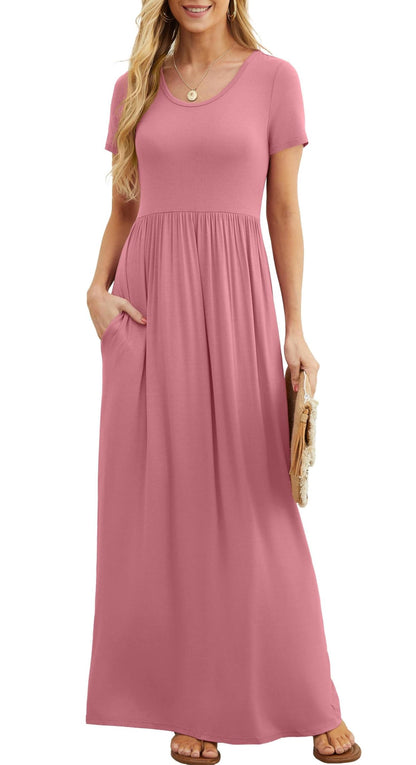 Bridget Robe Maxi Femme – Col Rond Uni, Coupe Fluide & Taille Haute avec Poches Été