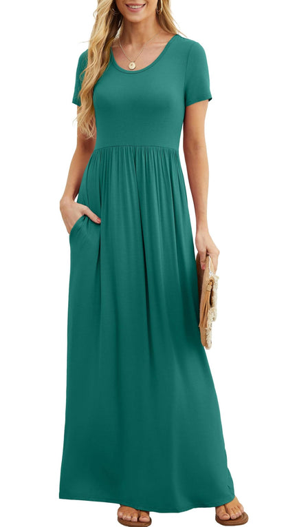 Bridget Robe Maxi Femme – Col Rond Uni, Coupe Fluide & Taille Haute avec Poches Été