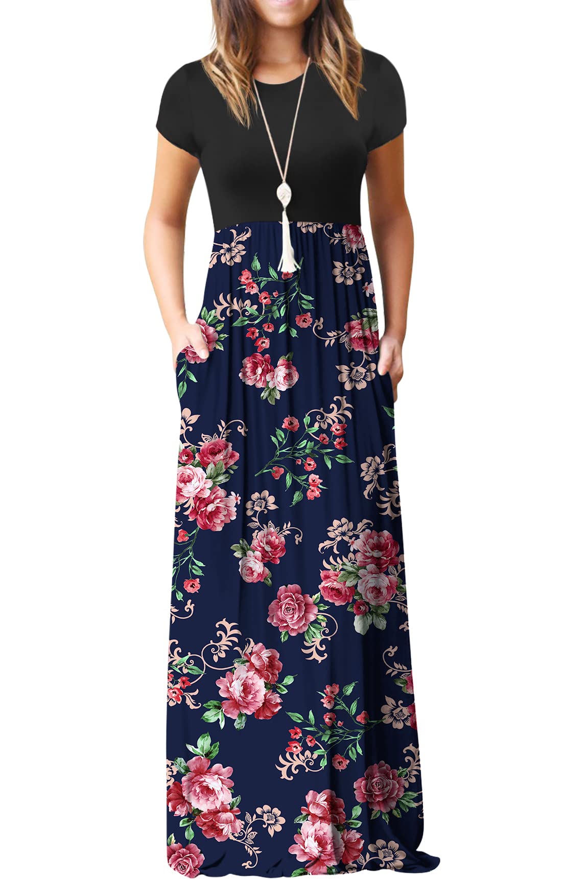 Bridget Robe Maxi Femme – Col Rond Uni, Coupe Fluide & Taille Haute avec Poches Été