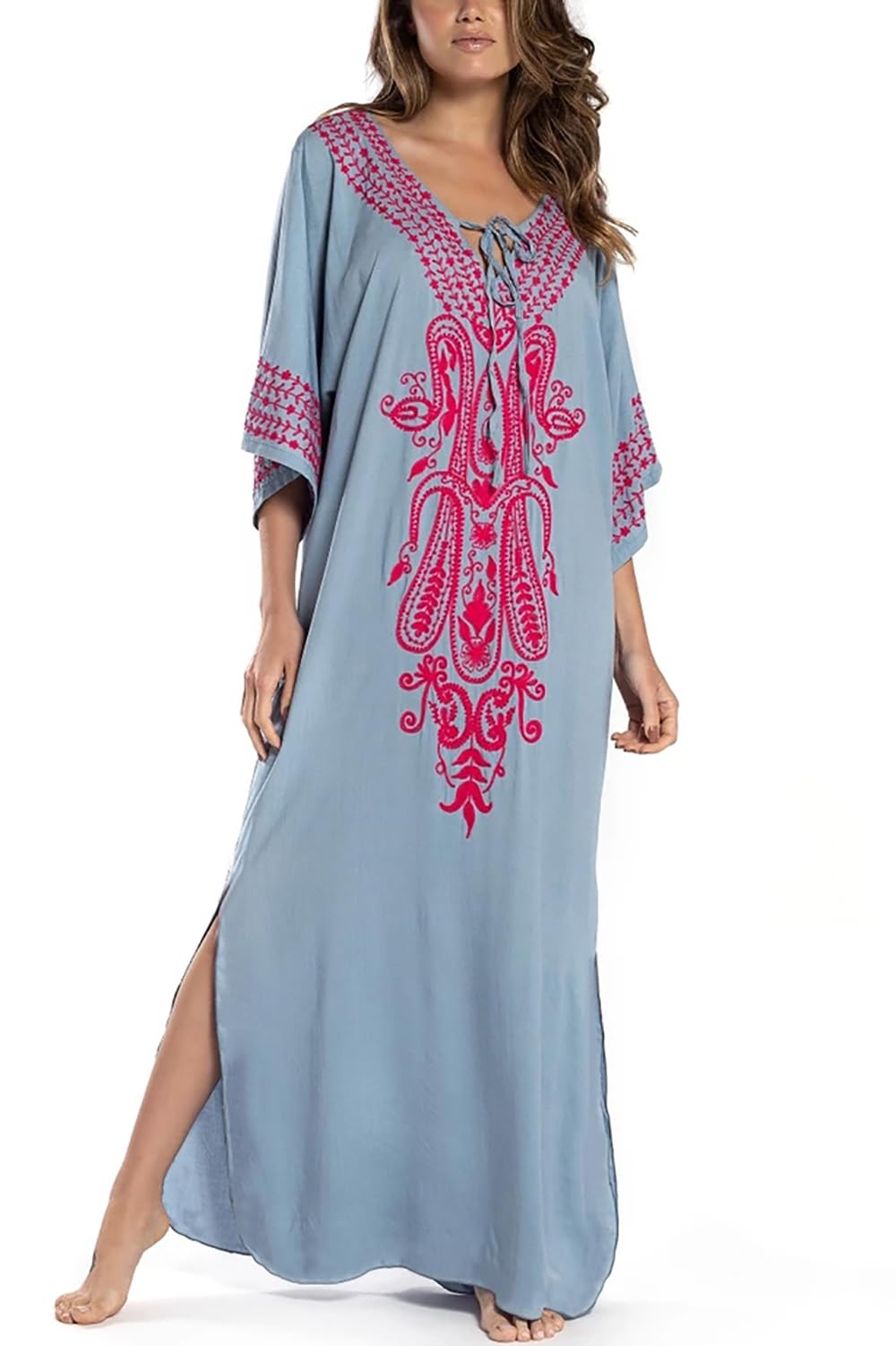 Eugenia Kimono Femme – Robe Plage Longue Ample, Col V & Manches Amples Cover-Up Été