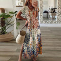 Robe Maxi Bohème Femme en Tissu Léger – Design Col V à Manches Courtes