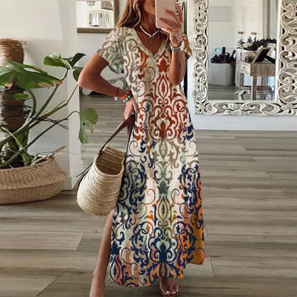 Robe Maxi Bohème Femme en Tissu Léger – Design Col V à Manches Courtes