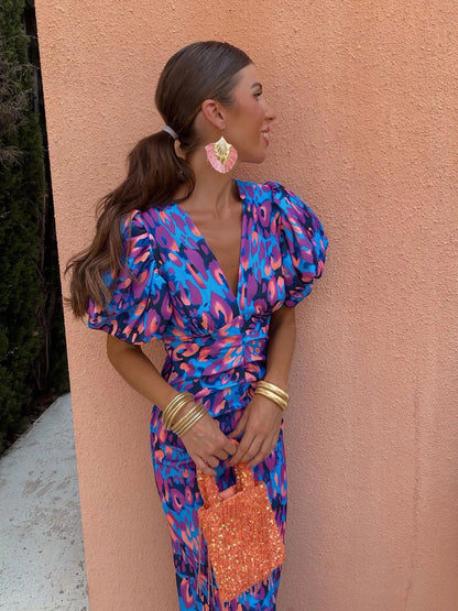 Robe Midi Légère à Manches Bouffantes pour Femme – Col V Coupe Ajustée