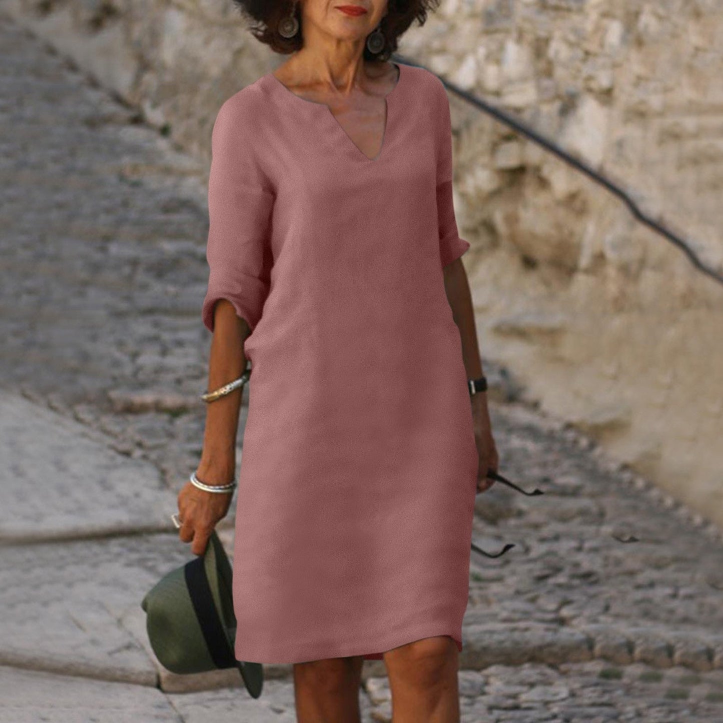 Robe Midi Légère à Col V pour Femme – Coupe Droite Décontractée